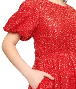 Red Sequin Puff Sleeve Flare Dress