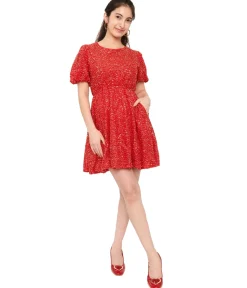 Red Sequin Puff Sleeve Flare Dress