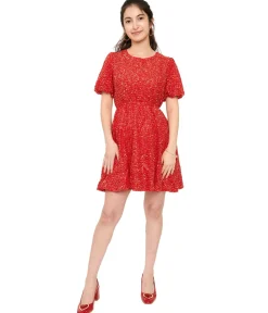Red Sequin Puff Sleeve Flare Dress