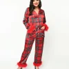 Red Tartan & Feather Trim Pajama Set