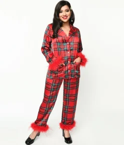 Red Tartan & Feather Trim Pajama Set