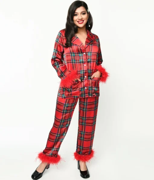Red Tartan & Feather Trim Pajama Set