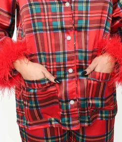 Red Tartan & Feather Trim Pajama Set