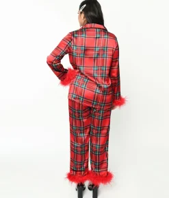 Red Tartan & Feather Trim Pajama Set