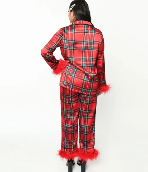 Red Tartan & Feather Trim Pajama Set