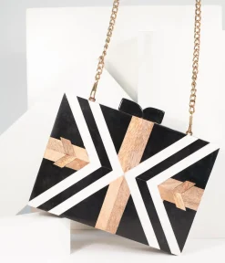 Retro Style Black & White Chevron Wood & Resin Hard Clutch