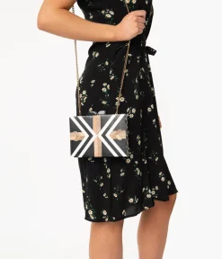 Retro Style Black & White Chevron Wood & Resin Hard Clutch