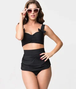 Retro Style Black Gathered High Waist Skirted Swim Bottoms