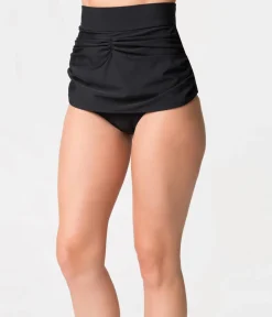 Retro Style Black Gathered High Waist Skirted Swim Bottoms