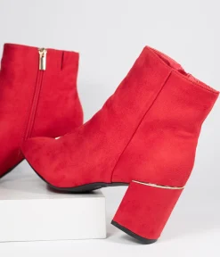 Retro Style Red Suede Heel Booties