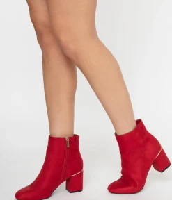 Retro Style Red Suede Heel Booties