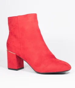 Retro Style Red Suede Heel Booties