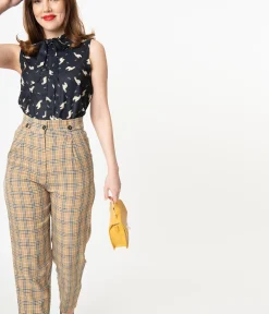 Retro Style Tan & Black Plaid High Waist Pants