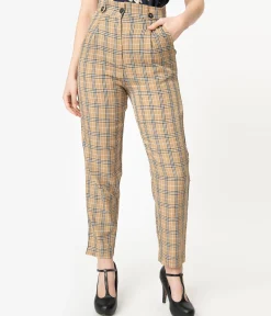 Retro Style Tan & Black Plaid High Waist Pants
