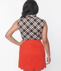 Retrolicious Black & Orange Plaid Bow Top