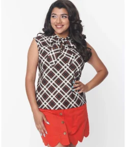 Retrolicious Black & Orange Plaid Bow Top