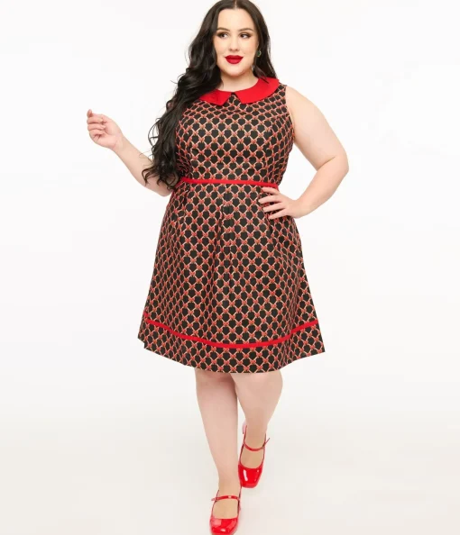 Retrolicious Plus Size 1950s Black & Red Bow Cotton Fit & Flare Dress