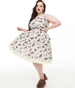 Retrolicious Plus Size 1950s White & Brown Horse Print Cotton Swing Dress