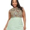 Retrolicious Plus Size 1950s Forest Green Mushroom Print Cotton Bow Top