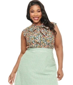Retrolicious Plus Size 1950s Forest Green Mushroom Print Cotton Bow Top