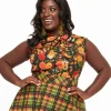 Retrolicious Plus Size 1950s Dark Green Autumn Floral Cotton Bow Top