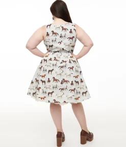 Retrolicious Plus Size 1950s White & Brown Horse Print Cotton Swing Dress