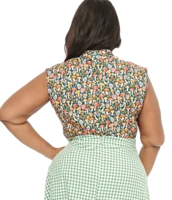Retrolicious Plus Size 1950s Forest Green Mushroom Print Cotton Bow Top