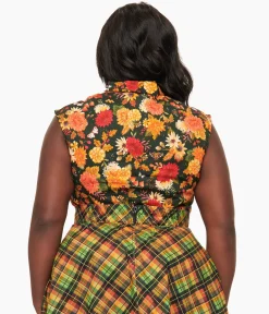 Retrolicious Plus Size 1950s Dark Green Autumn Floral Cotton Bow Top
