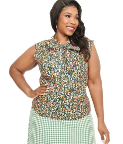 Retrolicious Plus Size 1950s Forest Green Mushroom Print Cotton Bow Top
