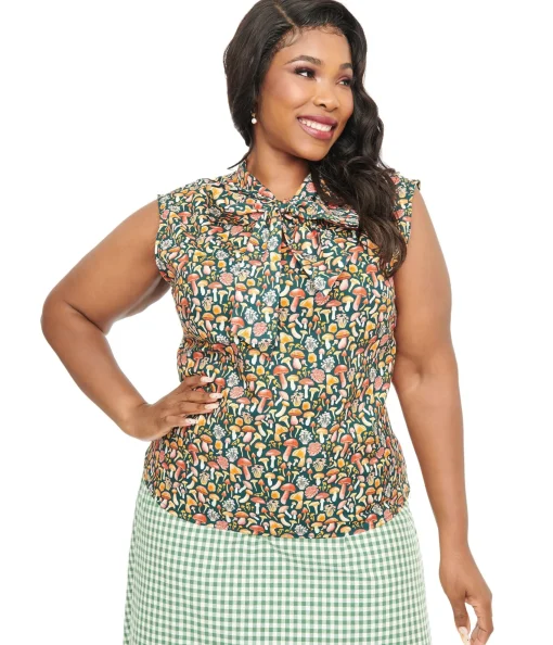 Retrolicious Plus Size 1950s Forest Green Mushroom Print Cotton Bow Top