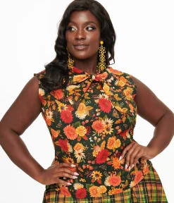 Retrolicious Plus Size 1950s Dark Green Autumn Floral Cotton Bow Top