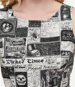 Retrolicious 1950s Black & White Halloween Newspaper Midi Dress