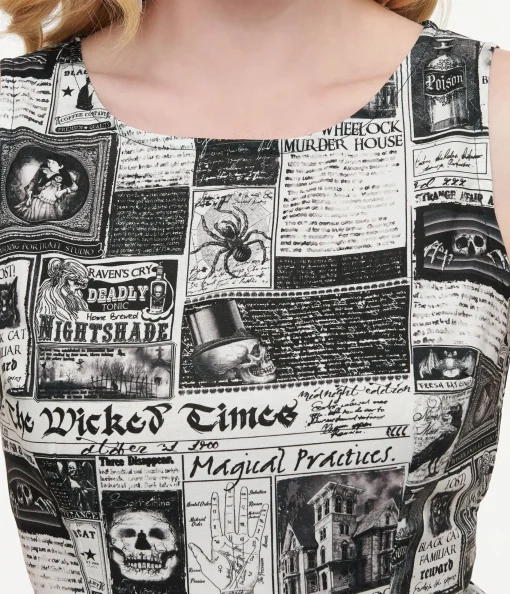 Retrolicious 1950s Black & White Halloween Newspaper Midi Dress