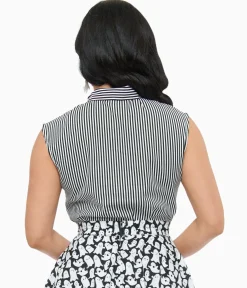 Retrolicious 1950s Black & White Striped Bow Top