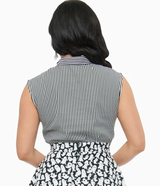 Retrolicious 1950s Black & White Striped Bow Top