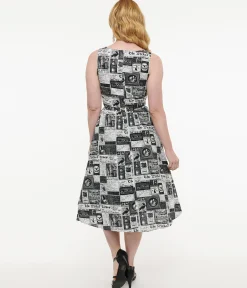 Retrolicious 1950s Black & White Halloween Newspaper Midi Dress