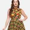 Retrolicious 1950s Dark Green Autumn Floral Cotton Bow Top