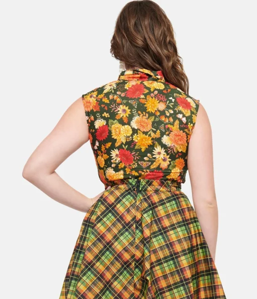 Retrolicious 1950s Dark Green Autumn Floral Cotton Bow Top