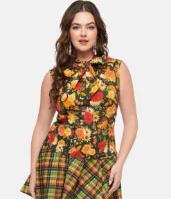 Retrolicious 1950s Dark Green Autumn Floral Cotton Bow Top