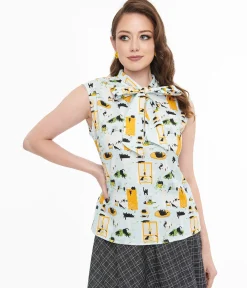 Retrolicious 1950s Light Blue Cat Print Cotton Bow Top