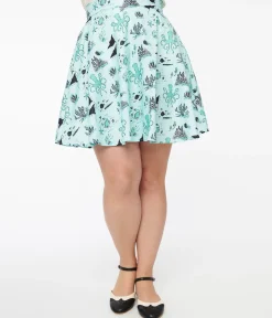 Retrolicious 1950s Teal Sea Print Cotton Skater Skirt
