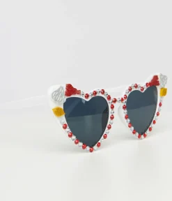 Rhinestone Crawfish White Heart Cat Eye Sunglasses