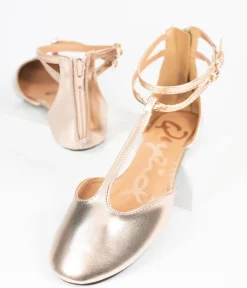 Rose Gold Patent Leatherette Bee T-Strap Flats