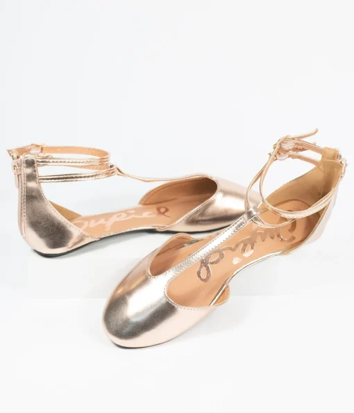 Rose Gold Patent Leatherette Bee T-Strap Flats