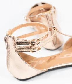 Rose Gold Patent Leatherette Bee T-Strap Flats
