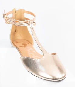 Rose Gold Patent Leatherette Bee T-Strap Flats