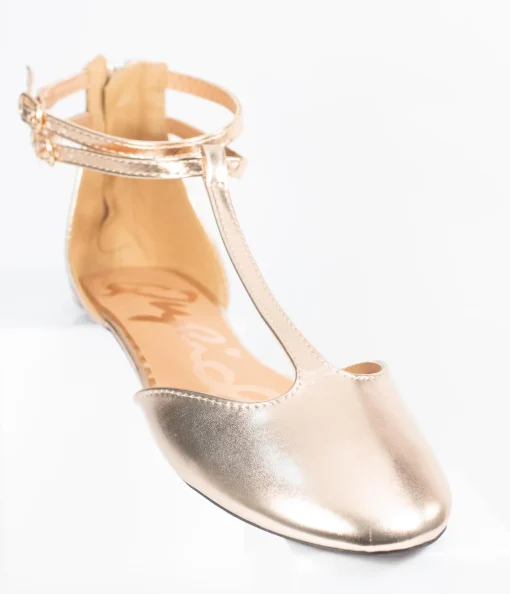 Rose Gold Patent Leatherette Bee T-Strap Flats