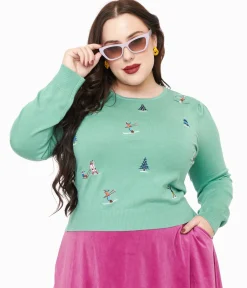 Royal Monk Plus Size 1950s Teal Ski Snow Season Sweater