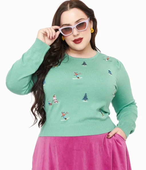 Royal Monk Plus Size 1950s Teal Ski Snow Season Sweater