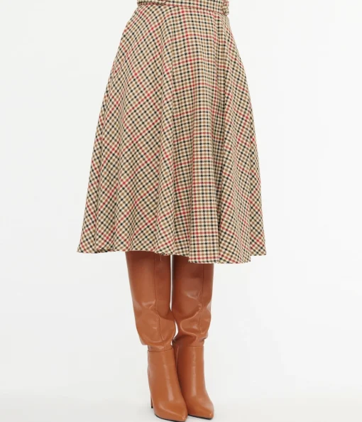Royal Monk 1950s Beige & Black Check Hilda Swing Skirt